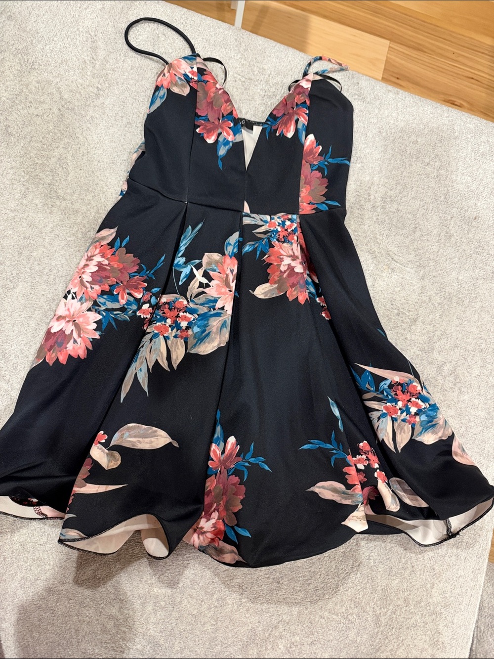 Floral A-Line Spaghetti Strap Women’s Dress in Black and Pink